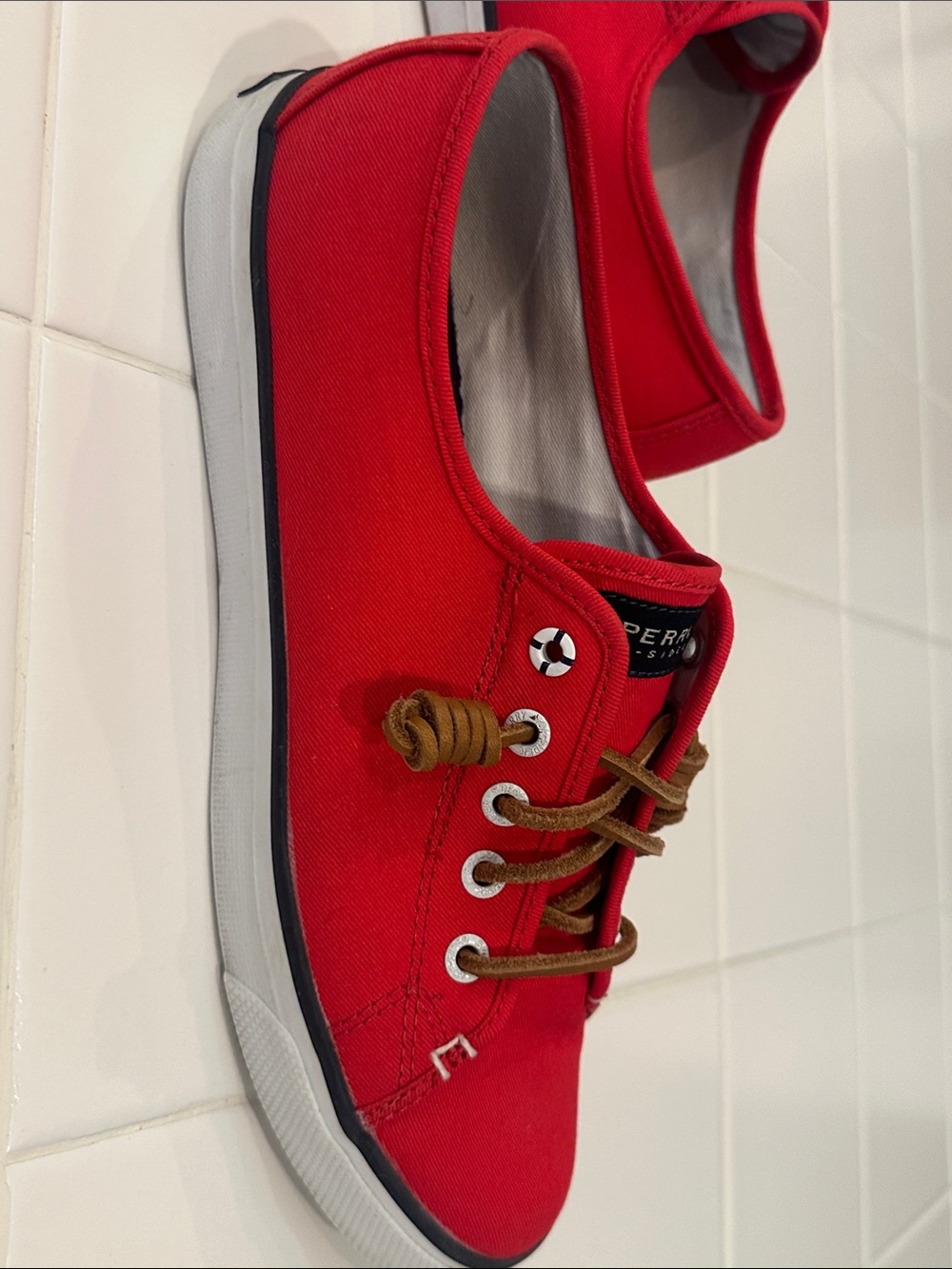 Sperry Red Canvas Boat Shoes with leather Laces - Picture 7 of 8